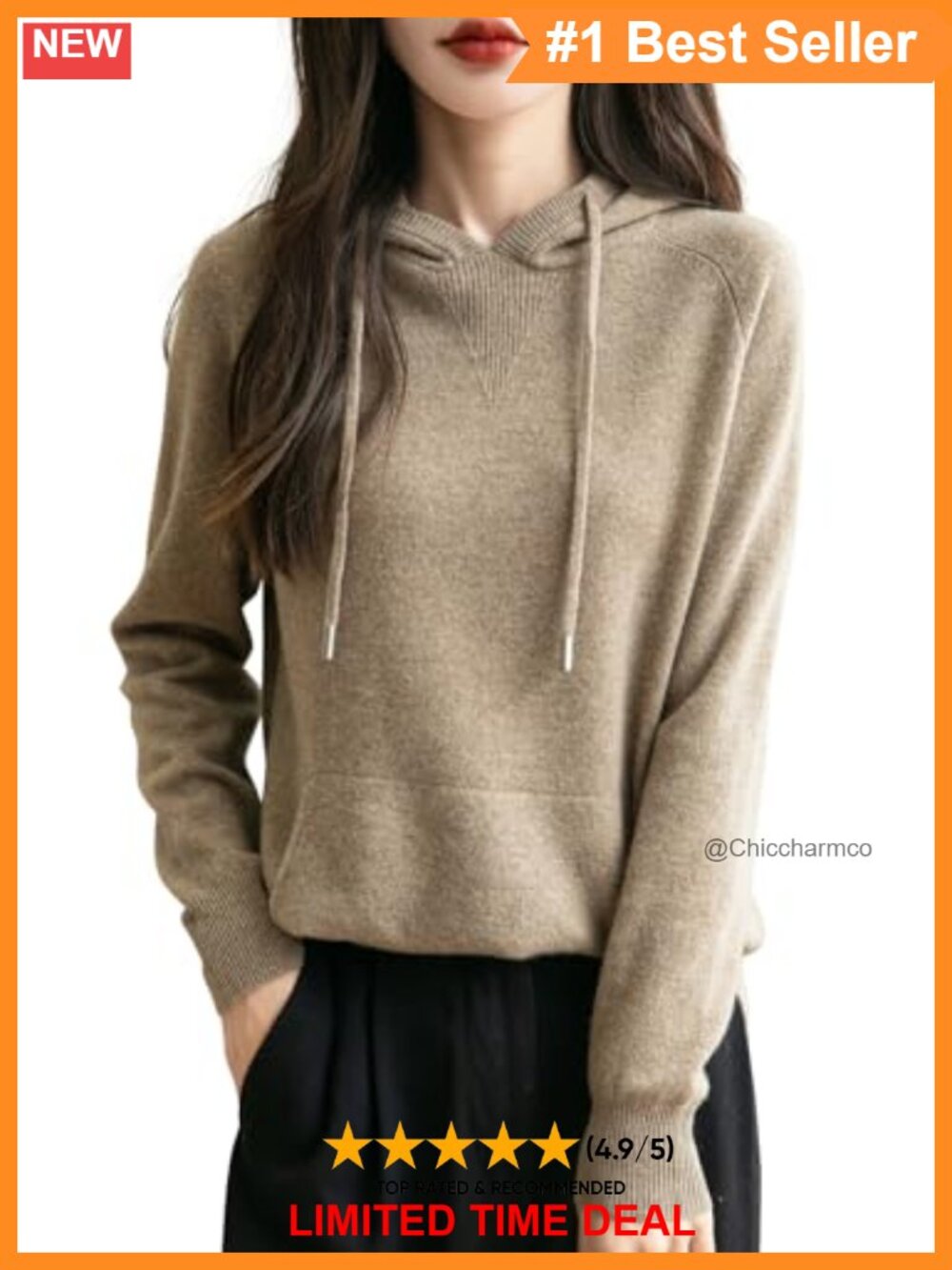 100% Merino Wool Hooded Knitted Sweater Pullover with Pocket